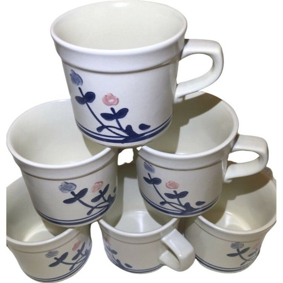 Vintage Pfaltzgraff Windsong Coffee Cups Mugs Floral Stoneware Set Of‎ 6 Cups - Picture 1 of 6